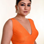 Bright Orange Sleeveless Blouse in Crepe Silk and V - Neckline - Anvi Couture