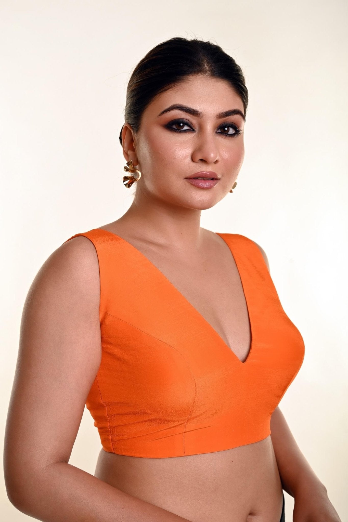 Bright Orange Sleeveless Blouse in Crepe Silk and V - Neckline - Anvi Couture