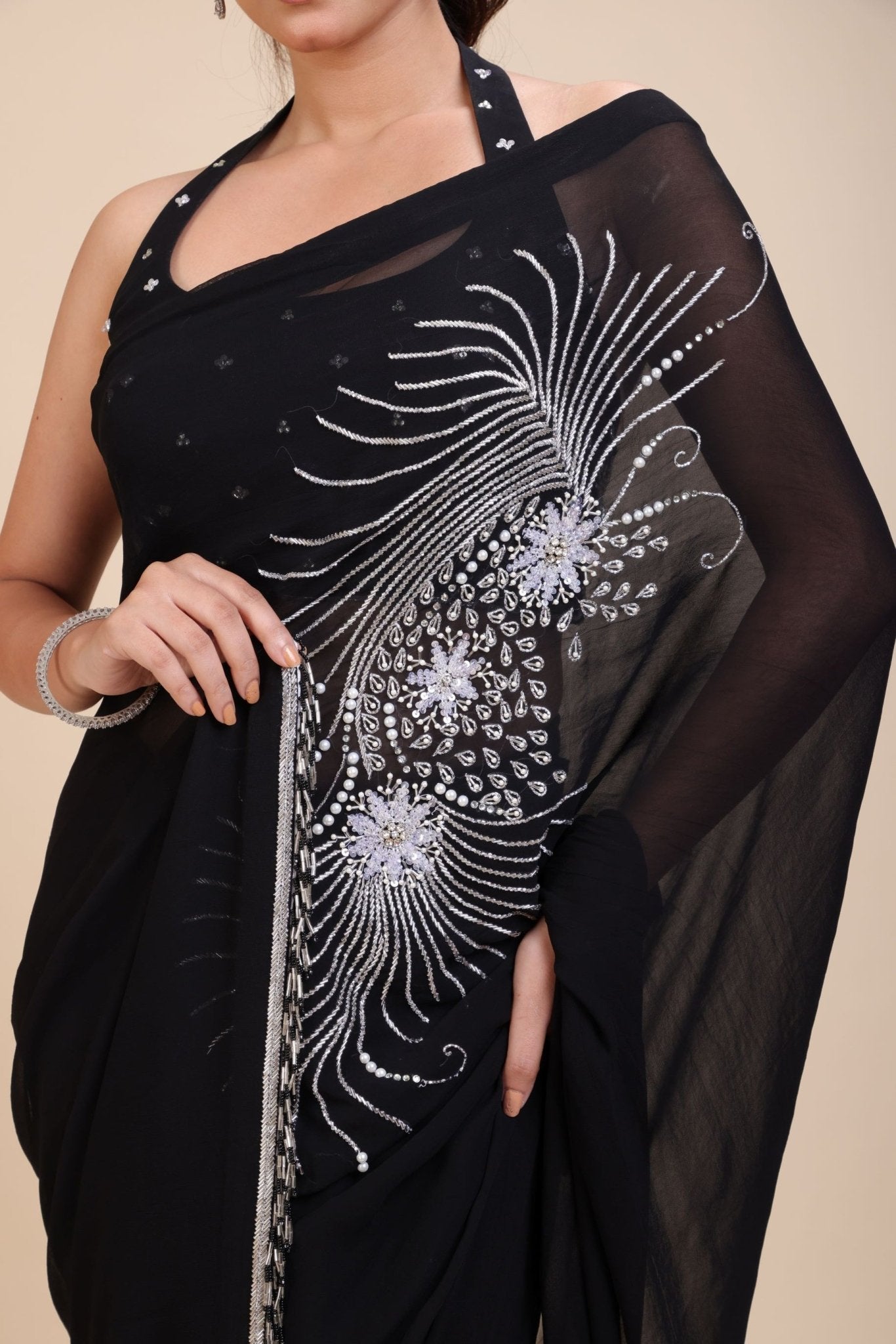 Black Embroidery Partywear Saree With Designer Blouse - Anvi Couture
