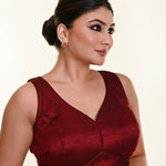 Maroon blouse in Raw Silk Leaf Shaped Neckline and Back Cut out - Anvi Couture