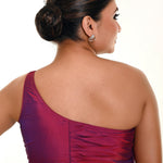 Wine Purple Dual Tone One Shoulder Blouse in Pure Silk with Pleated Back Design - Anvi Couture