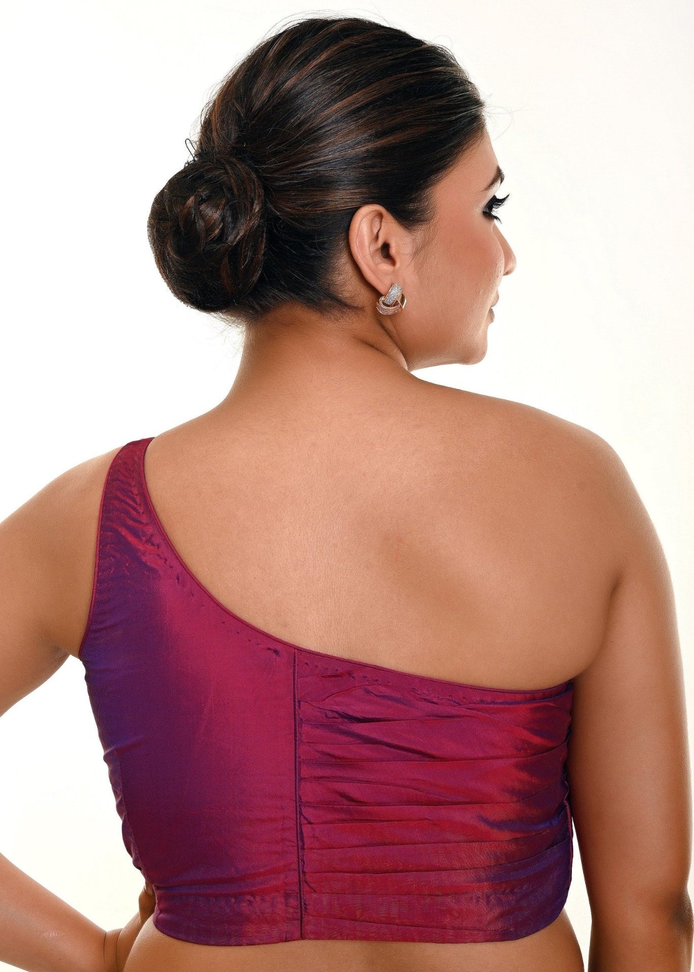 Wine Purple Dual Tone One Shoulder Blouse in Pure Silk with Pleated Back Design - Anvi Couture