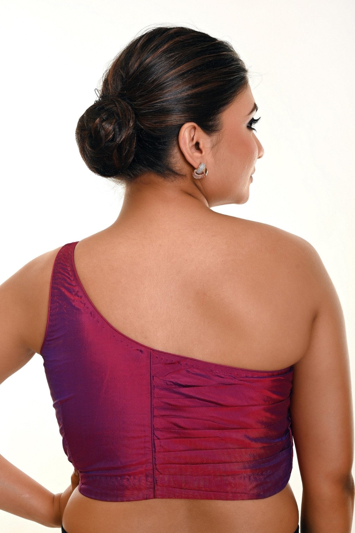 Wine Purple Dual Tone One Shoulder Blouse in Pure Silk with Pleated Back Design - Anvi Couture
