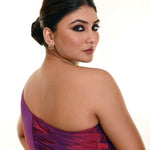Wine Purple Dual Tone One Shoulder Blouse in Pure Silk with Pleated Back Design - Anvi Couture
