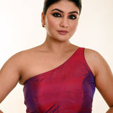 Wine Purple Dual Tone One Shoulder Blouse in Pure Silk with Pleated Back Design - Anvi Couture