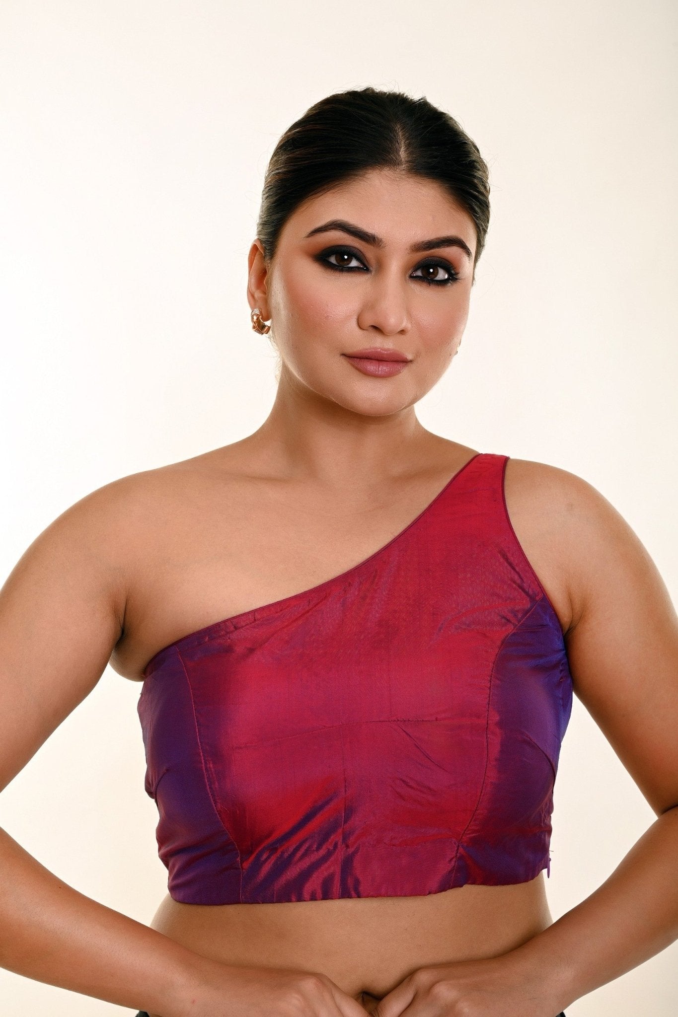 Wine Purple Dual Tone One Shoulder Blouse in Pure Silk with Pleated Back Design - Anvi Couture