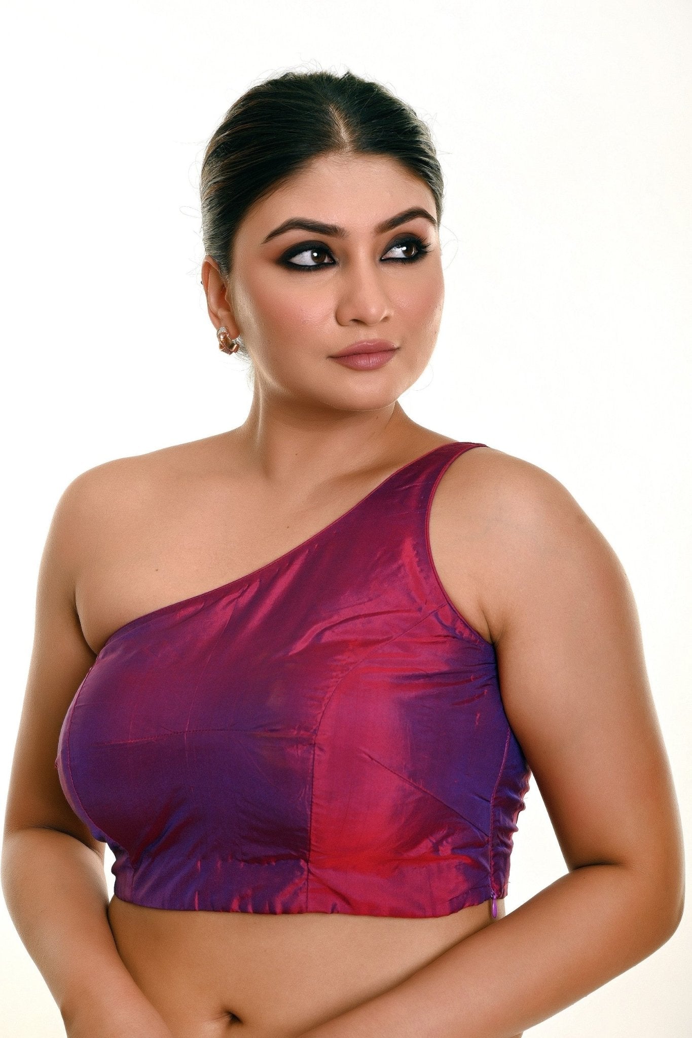 Wine Purple Dual Tone One Shoulder Blouse in Pure Silk with Pleated Back Design - Anvi Couture