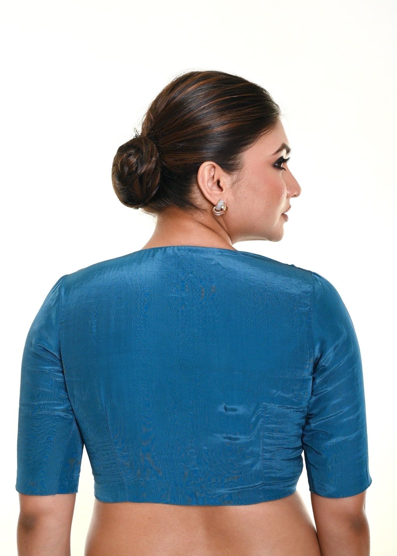 Cobalt Blue Half Sleeve Blouse in Satin Silk with Plunging V - neck - Anvi Couture
