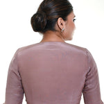 Nude Pink Satin Silk Blouse with Pleated Half Sleeves and Curved V - neckline - Anvi Couture