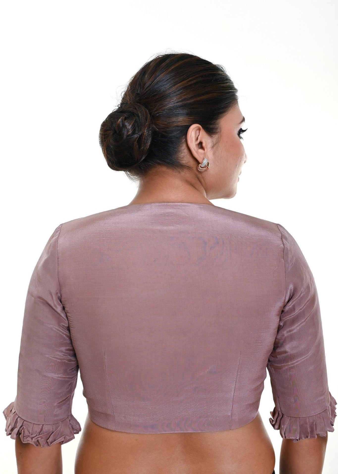 Nude Pink Satin Silk Blouse with Pleated Half Sleeves and Curved V - neckline - Anvi Couture