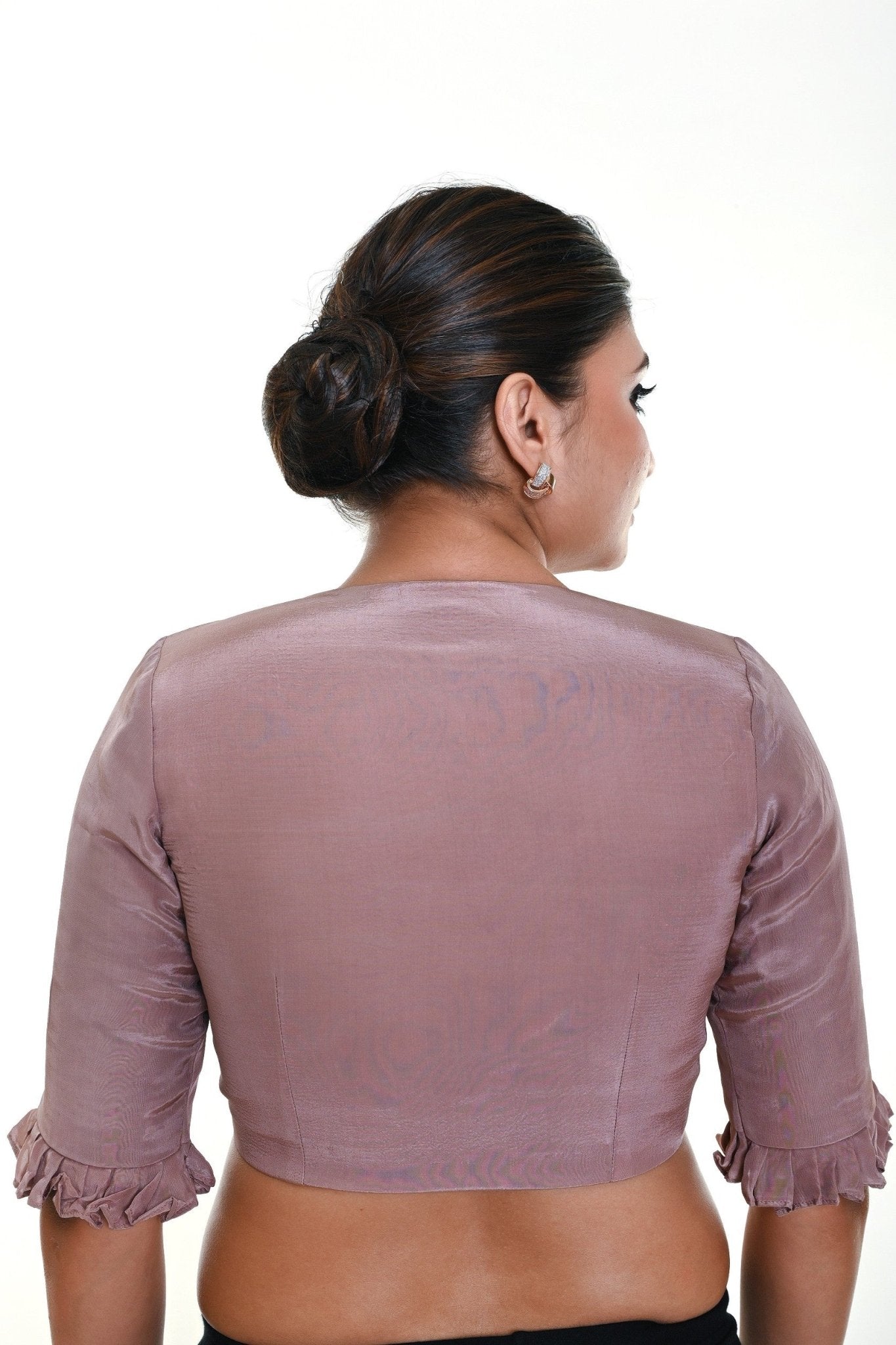 Nude Pink Satin Silk Blouse with Pleated Half Sleeves and Curved V - neckline - Anvi Couture