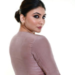 Nude Pink Satin Silk Blouse with Pleated Half Sleeves and Curved V - neckline - Anvi Couture