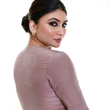 Nude Pink Satin Silk Blouse with Pleated Half Sleeves and Curved V - neckline - Anvi Couture