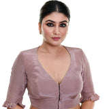 Nude Pink Satin Silk Blouse with Pleated Half Sleeves and Curved V - neckline - Anvi Couture
