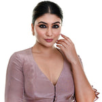Nude Pink Satin Silk Blouse with Pleated Half Sleeves and Curved V - neckline - Anvi Couture
