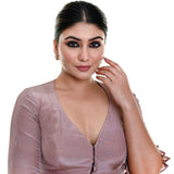 Nude Pink Satin Silk Blouse with Pleated Half Sleeves and Curved V - neckline - Anvi Couture