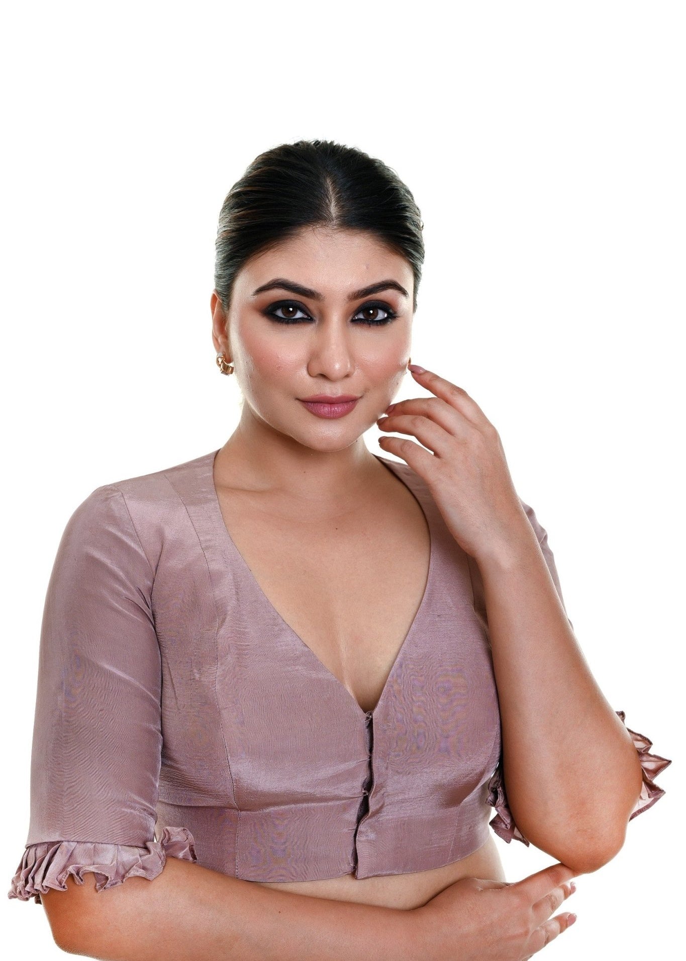 Nude Pink Satin Silk Blouse with Pleated Half Sleeves and Curved V - neckline - Anvi Couture