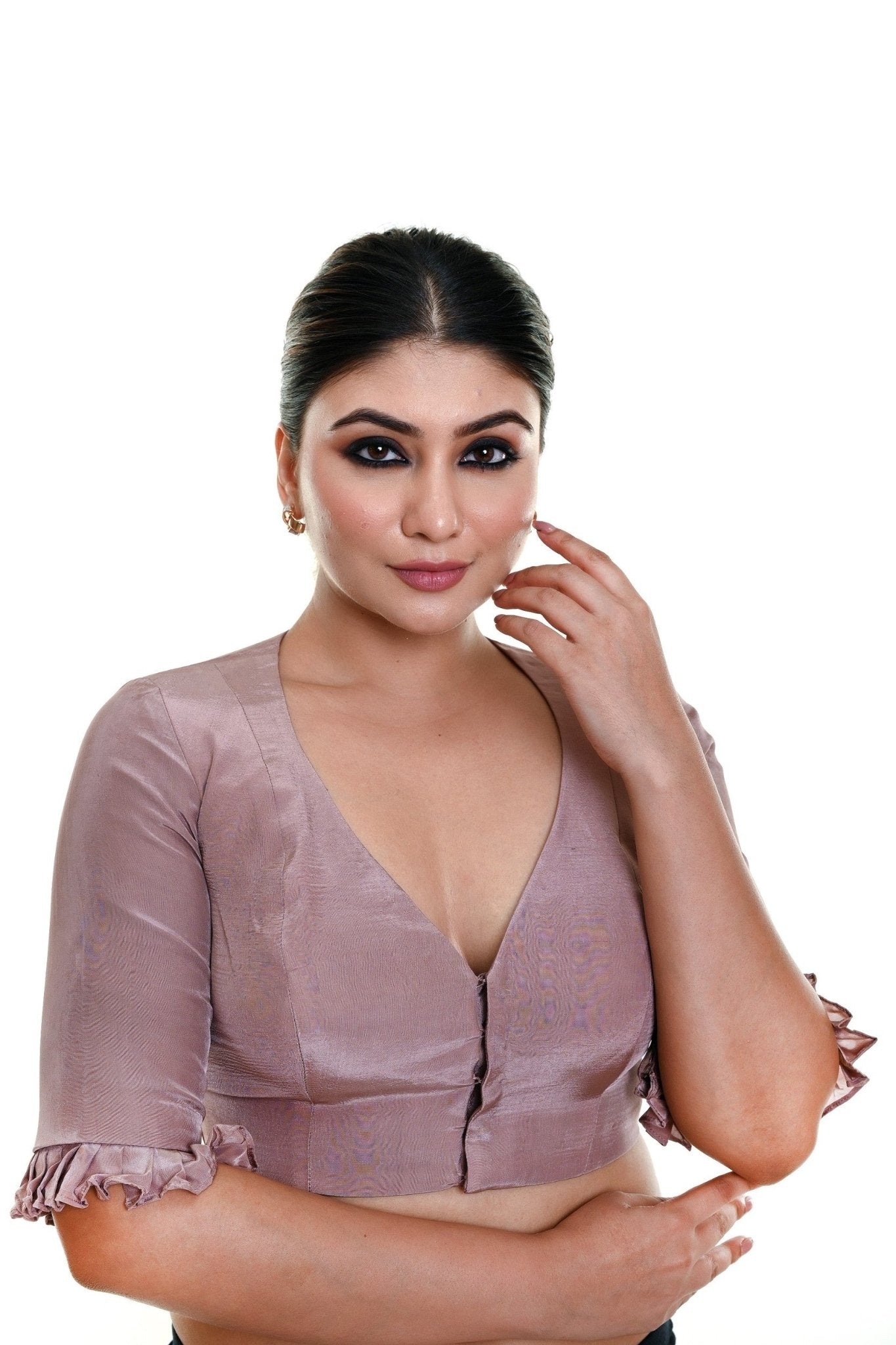Nude Pink Satin Silk Blouse with Pleated Half Sleeves and Curved V - neckline - Anvi Couture