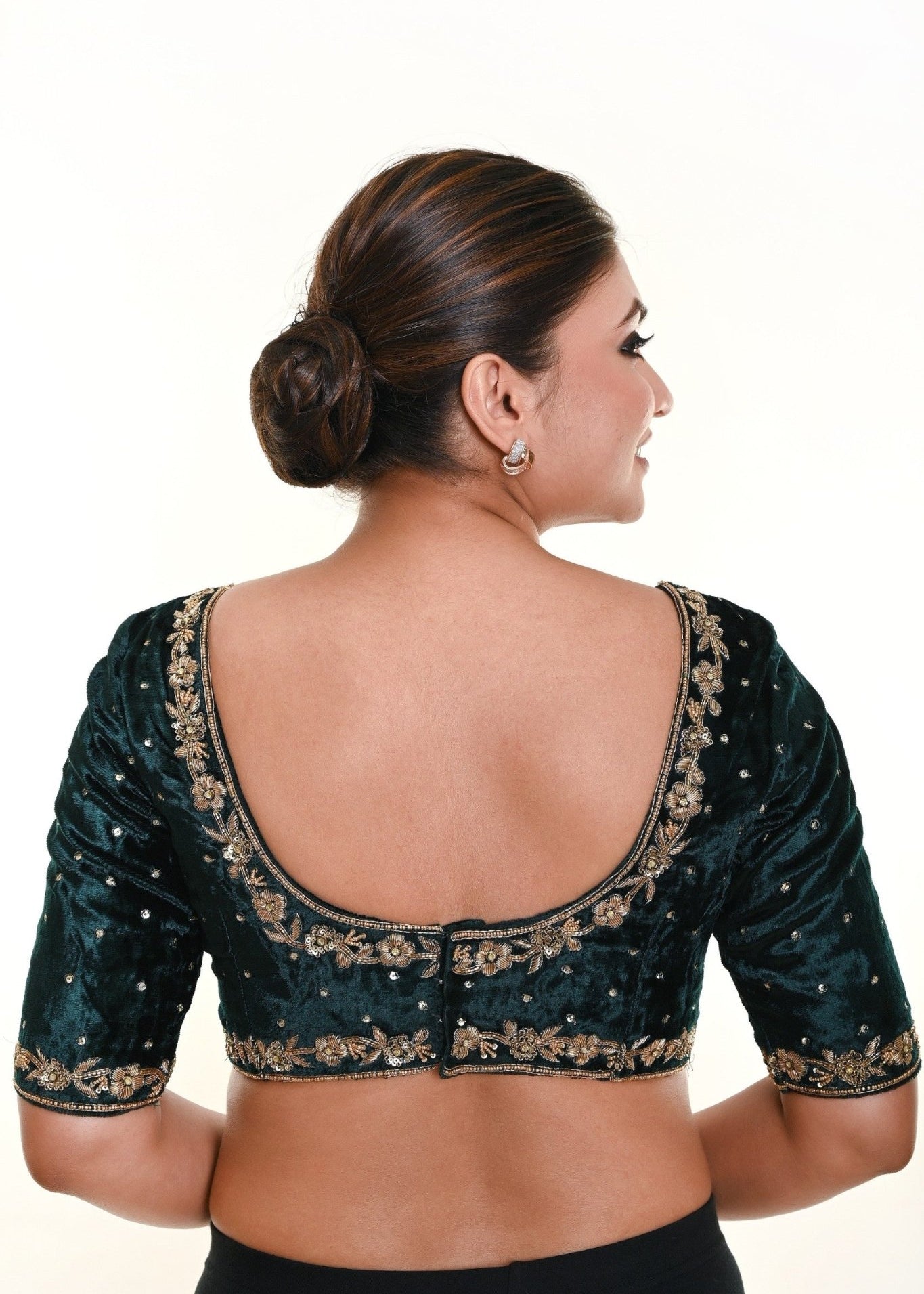 Bottle Green Velvet Bridal Blouse with Hand Embroidered Zardozi Motifs and Back Closure - Anvi Couture - Image 3