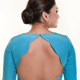 Sky Blue High Neck Blouse with Scallop Back Cutout with Bow and Half sleeves - Anvi Couture