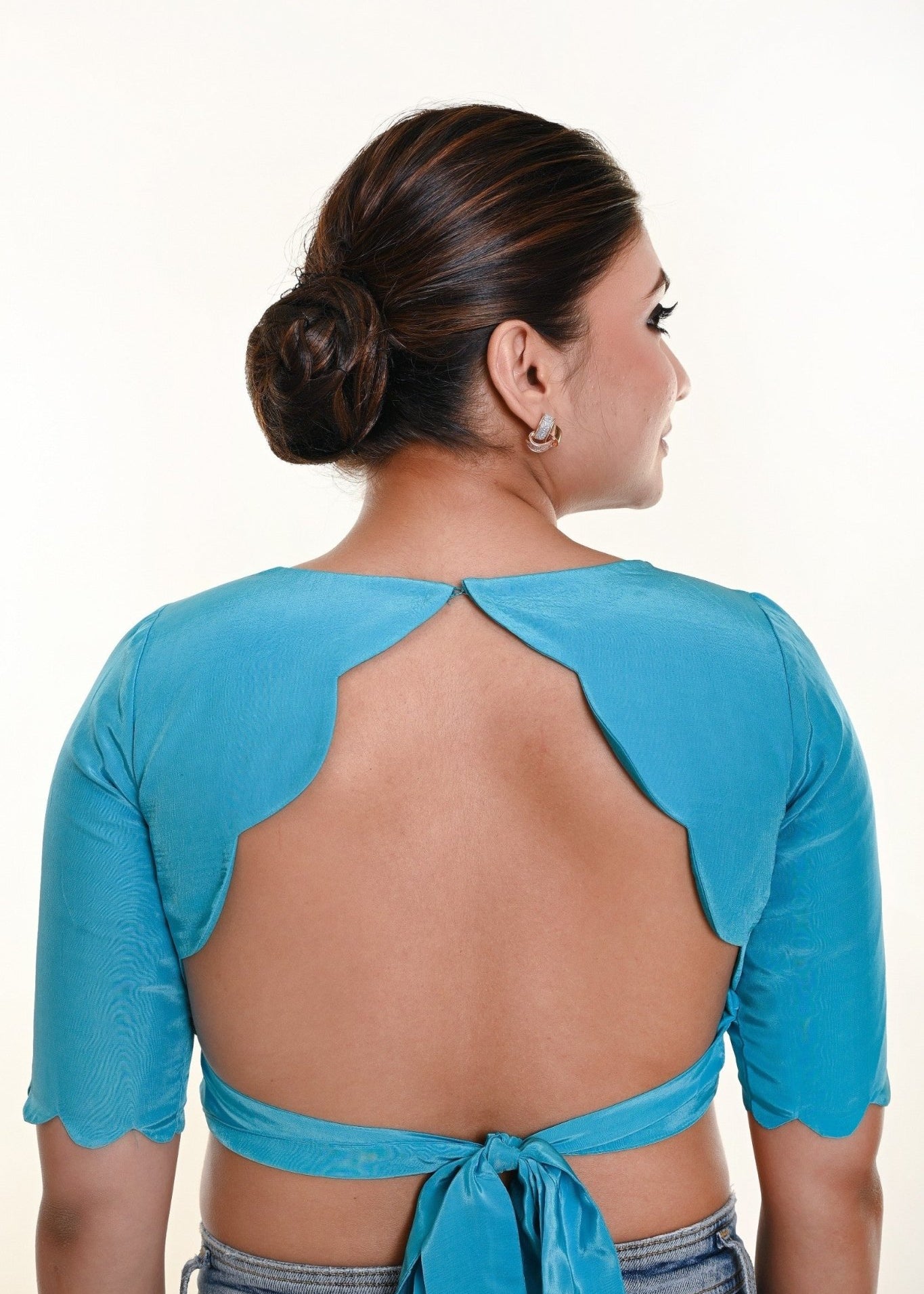 Sky Blue High Neck Blouse with Scallop Back Cutout with Bow and Half sleeves - Anvi Couture - Image 3