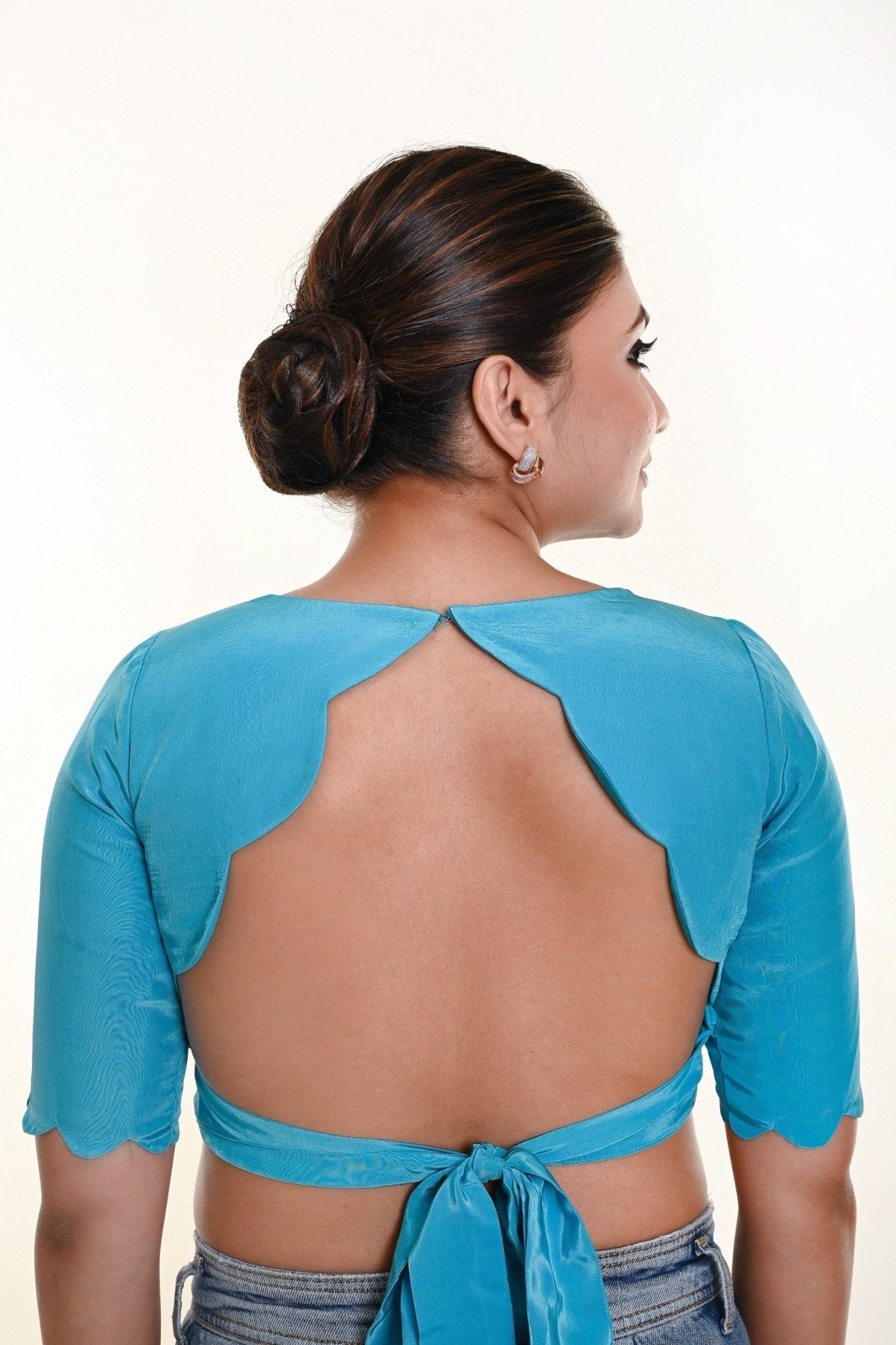 Sky Blue High Neck Blouse with Scallop Back Cutout with Bow and Half sleeves - Anvi Couture