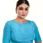 Sky Blue High Neck Blouse with Scallop Back Cutout with Bow and Half sleeves - Anvi Couture