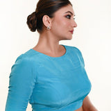 Sky Blue High Neck Blouse with Scallop Back Cutout with Bow and Half sleeves - Anvi Couture