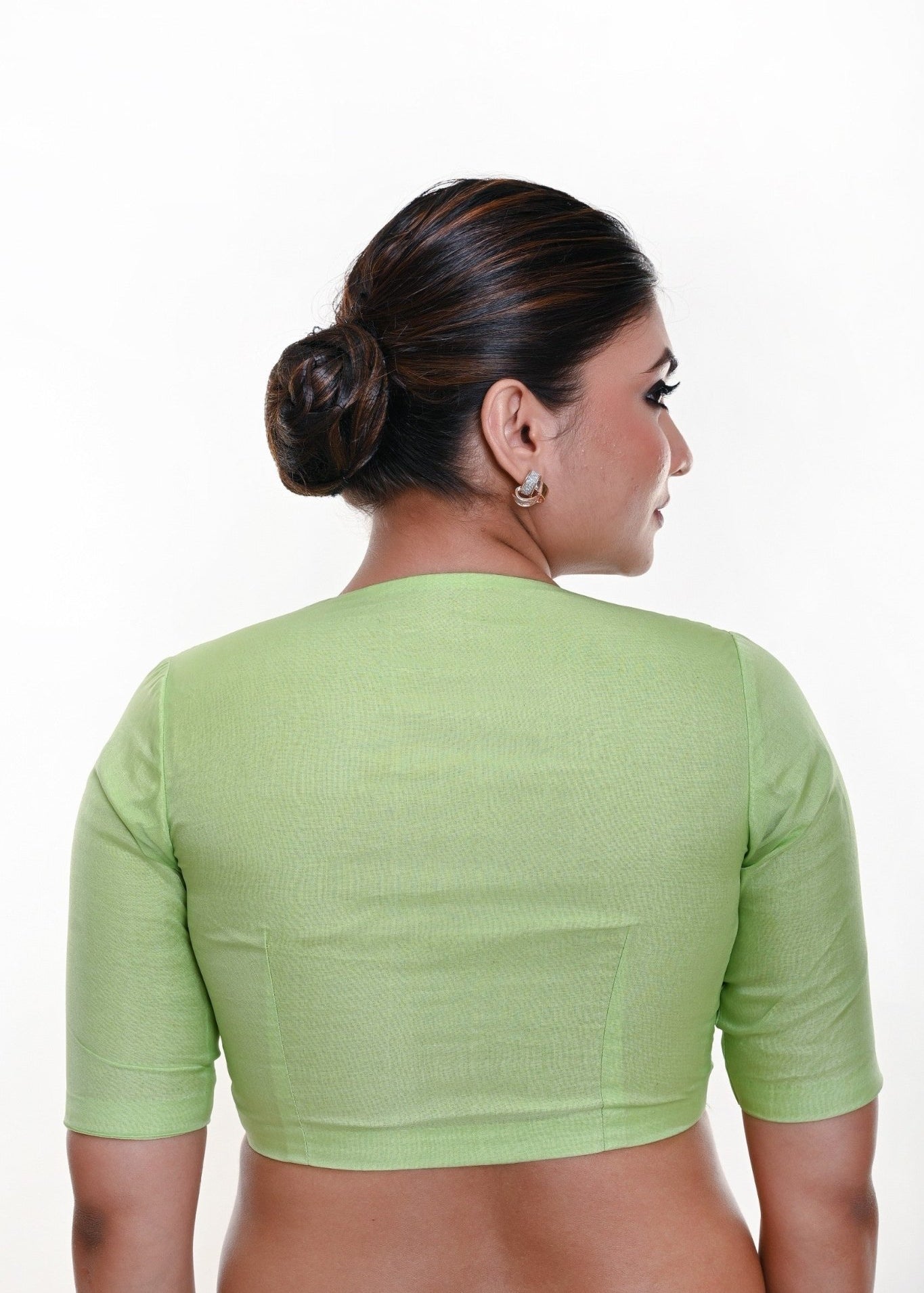 Mint Green Plunging Neckline Blouse in Organza with Half Sleeves - Anvi Couture