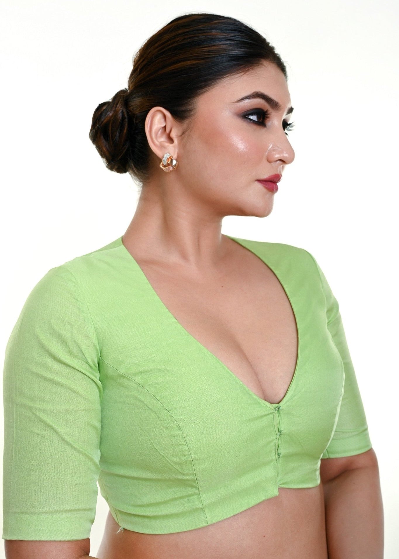 Mint Green Plunging Neckline Blouse in Organza with Half Sleeves - Anvi Couture