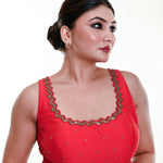 Bright Red Sleeveless Blouse in Silk with Cutdana Embroidered with Tassel - Anvi Couture