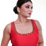 Bright Red Sleeveless Blouse in Silk with Cutdana Embroidered with Tassel - Anvi Couture