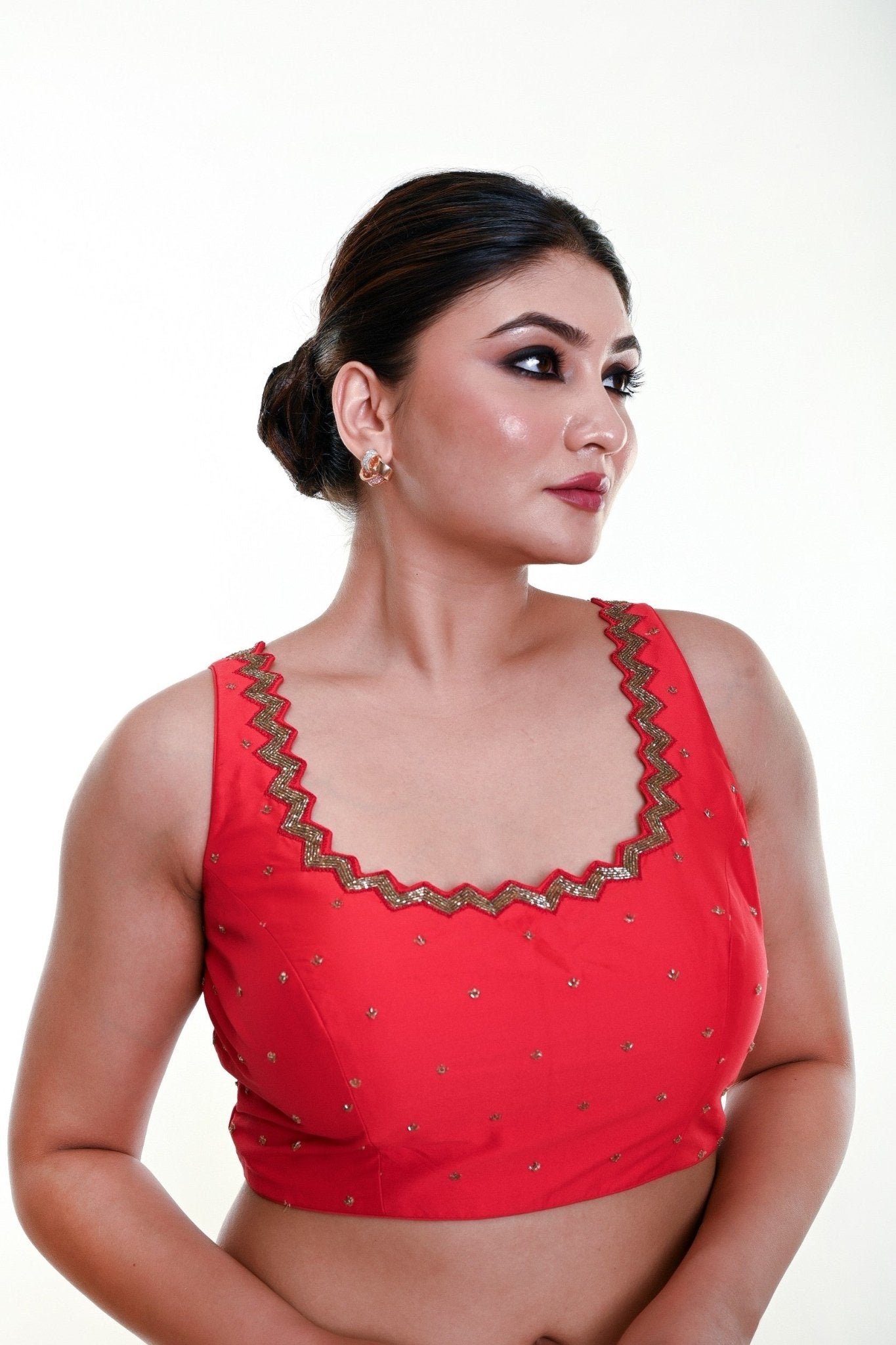 Bright Red Sleeveless Blouse in Silk with Cutdana Embroidered with Tassel - Anvi Couture