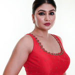 Bright Red Sleeveless Blouse in Silk with Cutdana Embroidered with Tassel - Anvi Couture