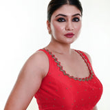 Bright Red Sleeveless Blouse in Silk with Cutdana Embroidered with Tassel - Anvi Couture