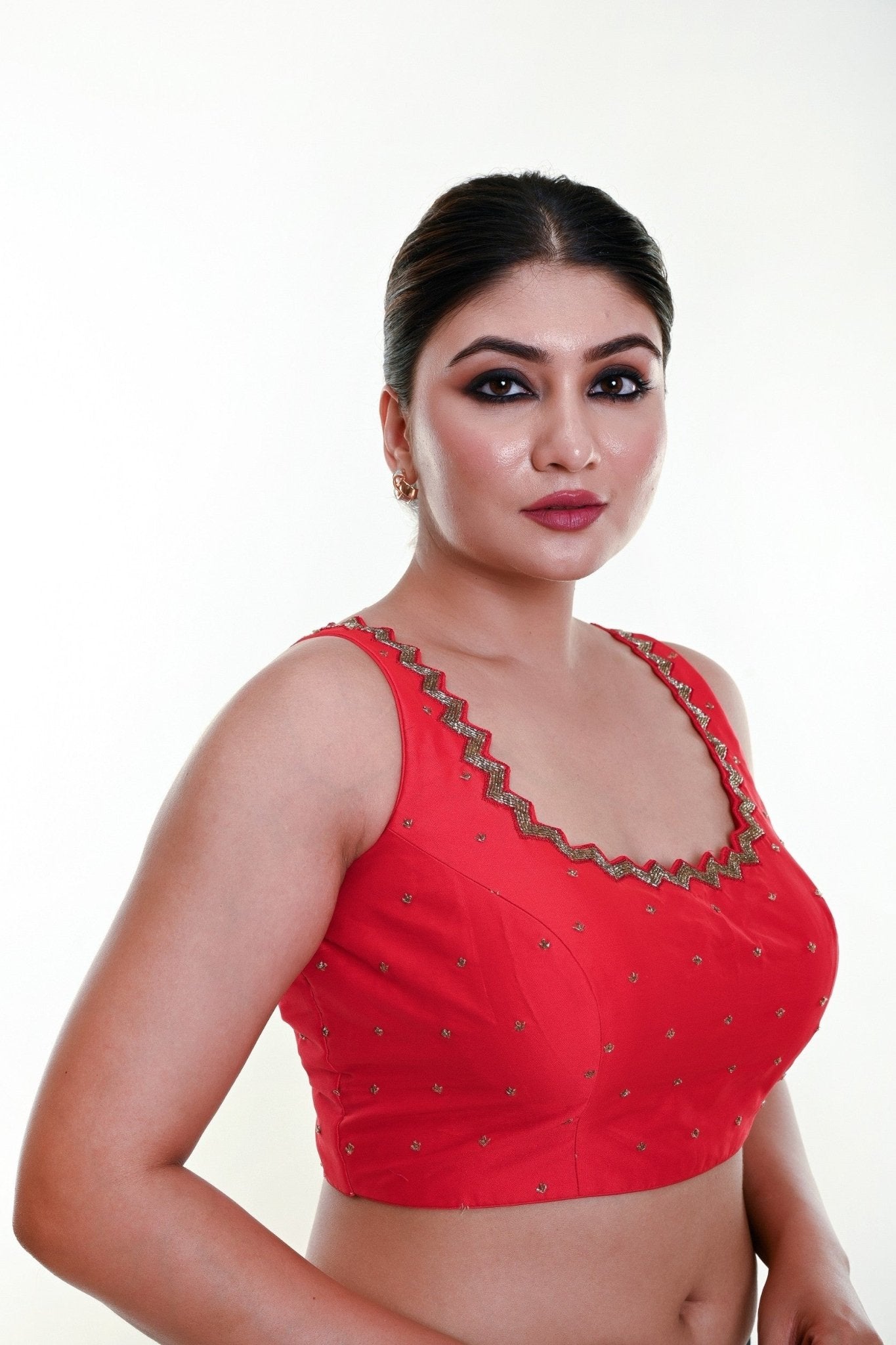Bright Red Sleeveless Blouse in Silk with Cutdana Embroidered with Tassel - Anvi Couture
