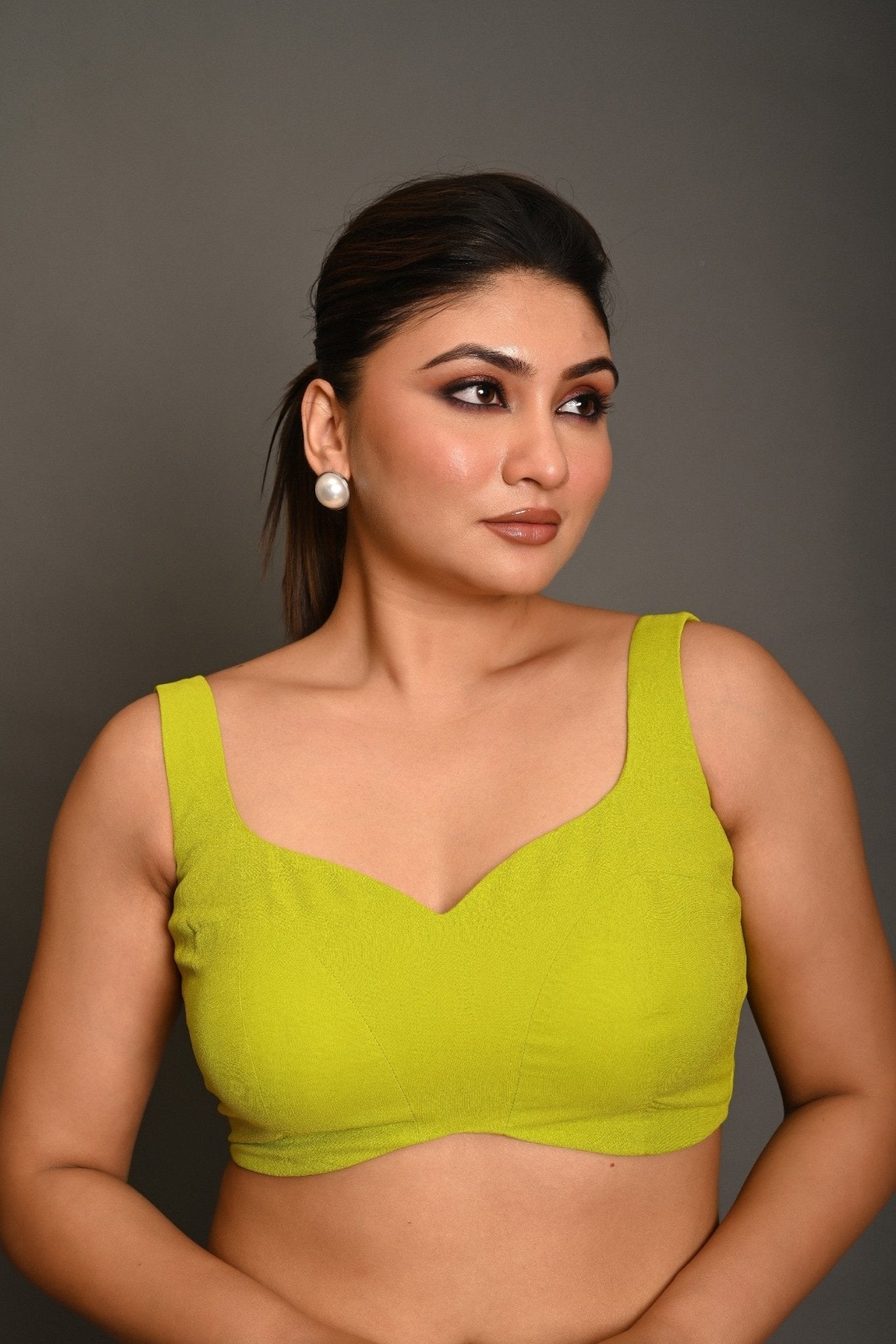 Bright Green Sleeveless Blouse in Georgette with Sweetheart Neckline - Anvi Couture