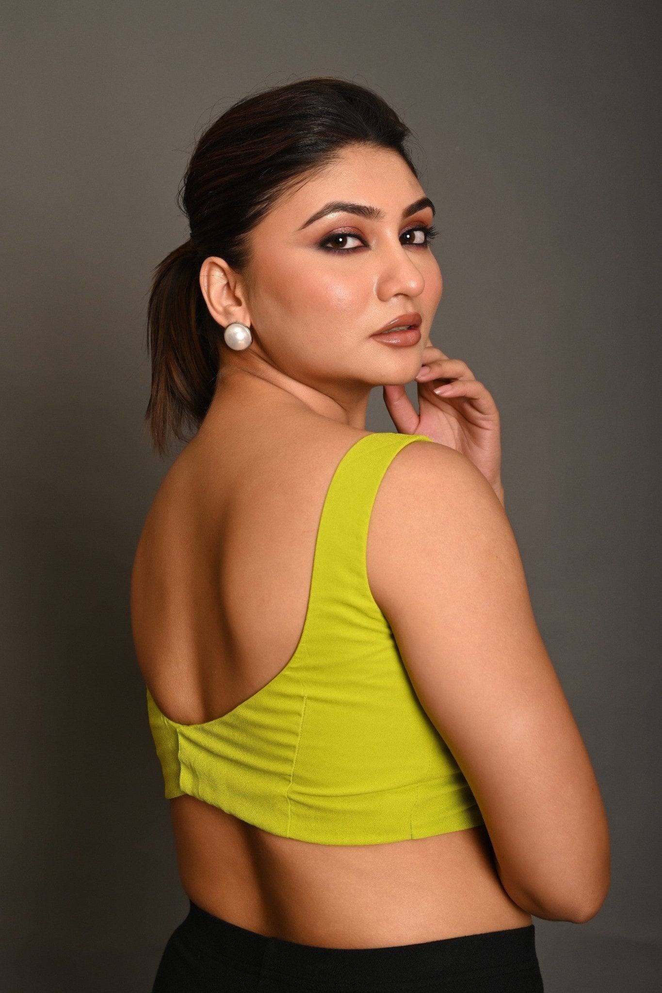 Bright Green Sleeveless Blouse in Georgette with Sweetheart Neckline - Anvi Couture