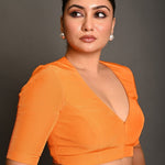 Bright Orange Blouse with Plunging Curved V - Neckline and Half Sleeves - Anvi Couture