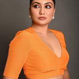 Bright Orange Blouse with Plunging Curved V - Neckline and Half Sleeves - Anvi Couture