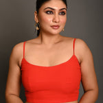 Bright Red Georgette Spaghetti Straps Blouse with Wide U - Neckline - Anvi Couture