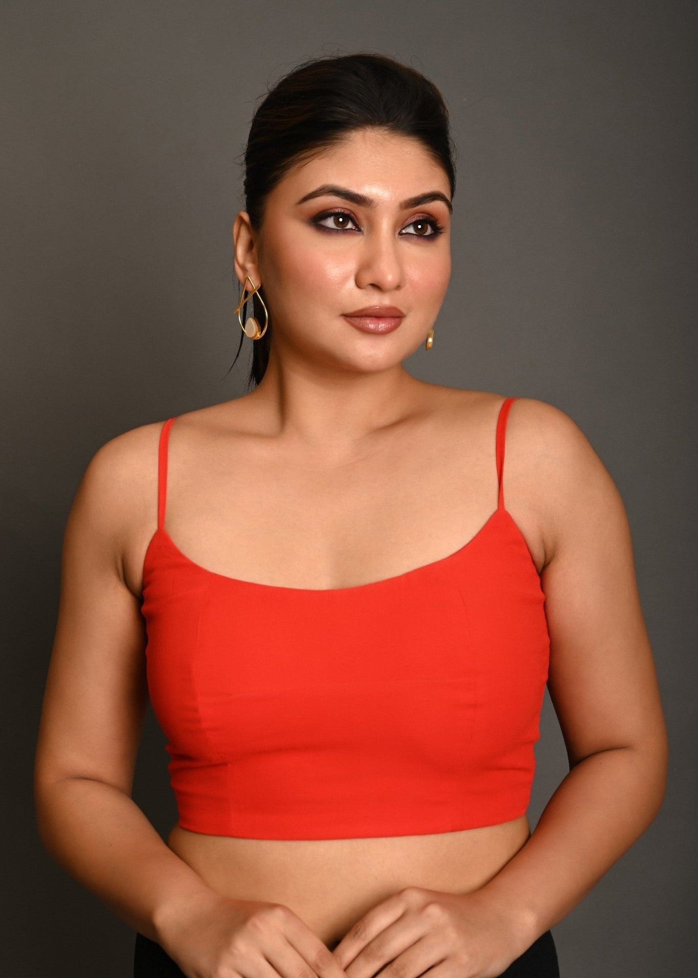 Bright Red Georgette Spaghetti Straps Blouse with Wide U - Neckline - Anvi Couture