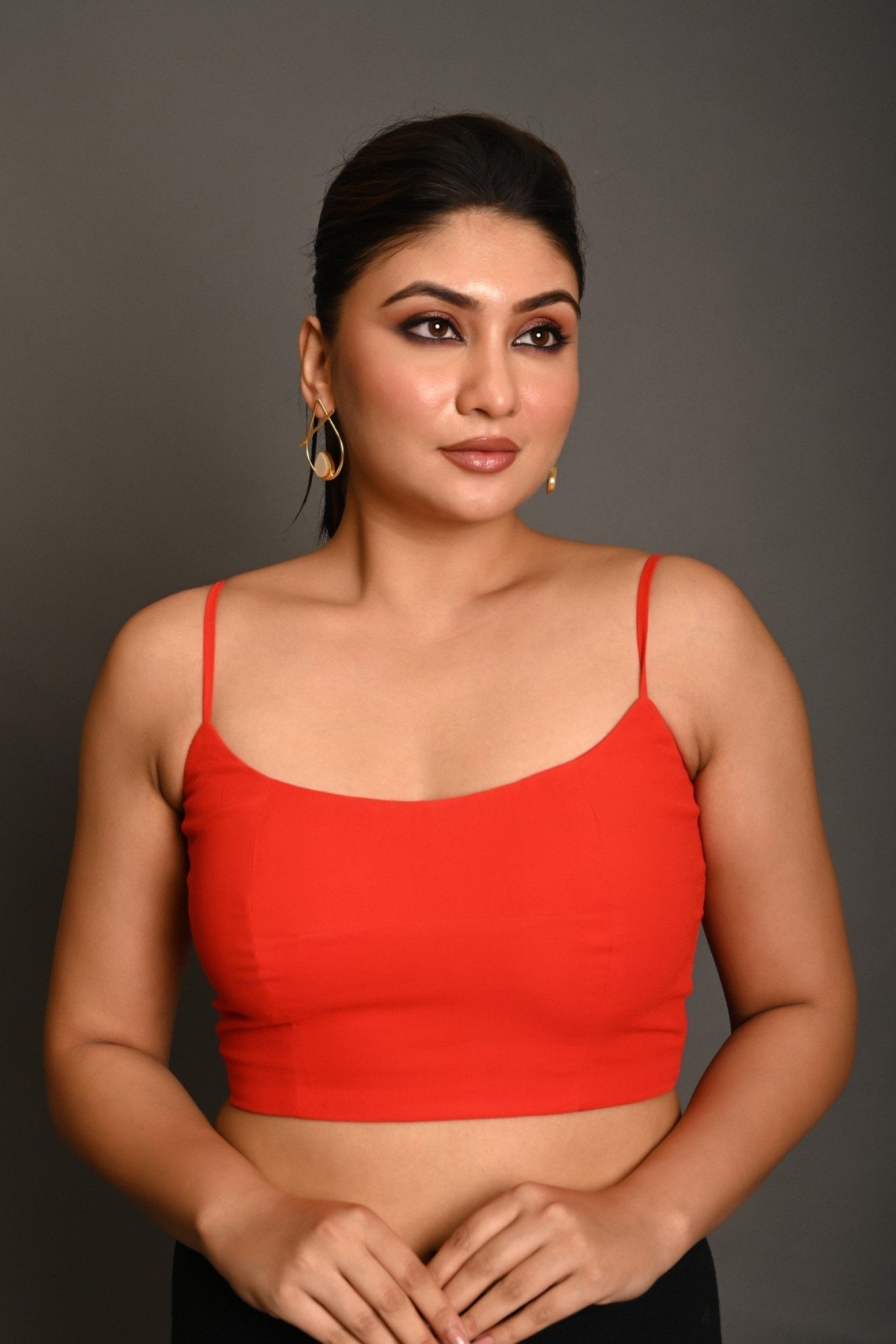 Bright Red Georgette Spaghetti Straps Blouse with Wide U - Neckline - Anvi Couture