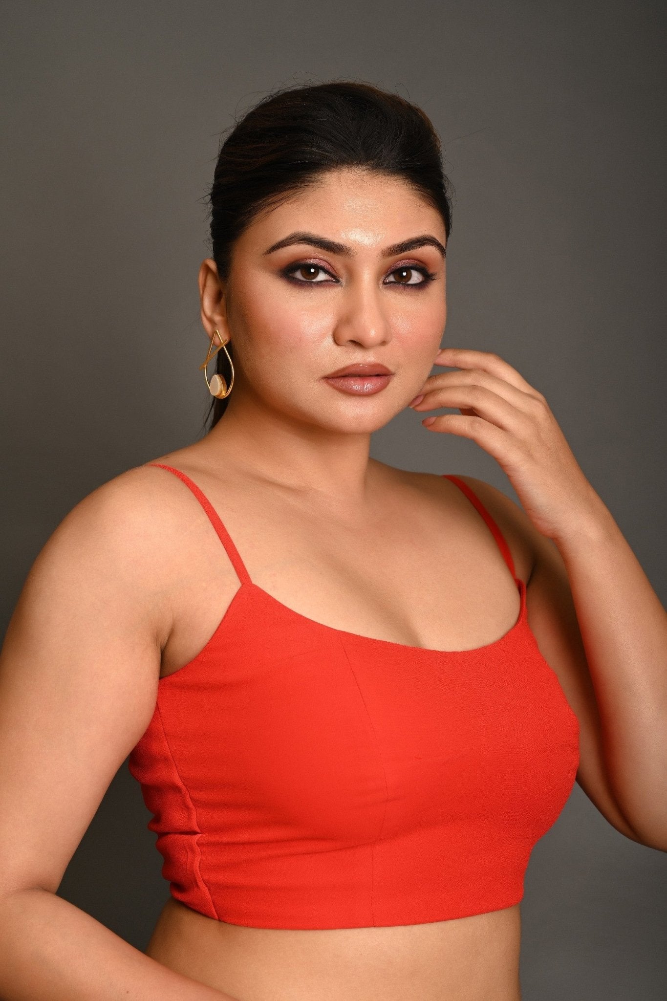 Bright Red Georgette Spaghetti Straps Blouse with Wide U - Neckline - Anvi Couture