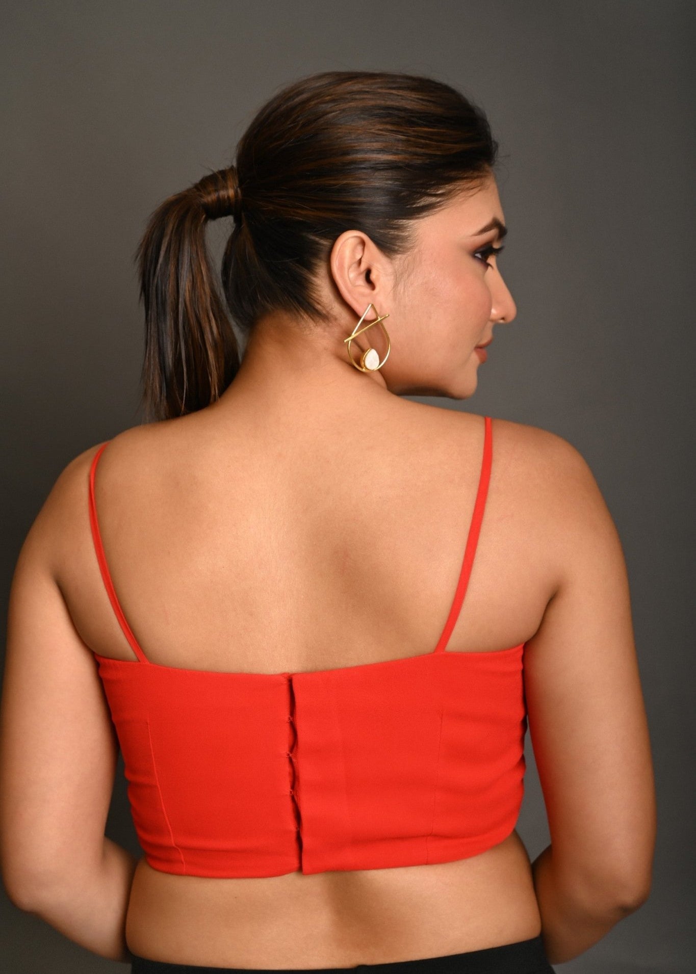 Bright Red Georgette Spaghetti Straps Blouse with Wide U - Neckline - Anvi Couture