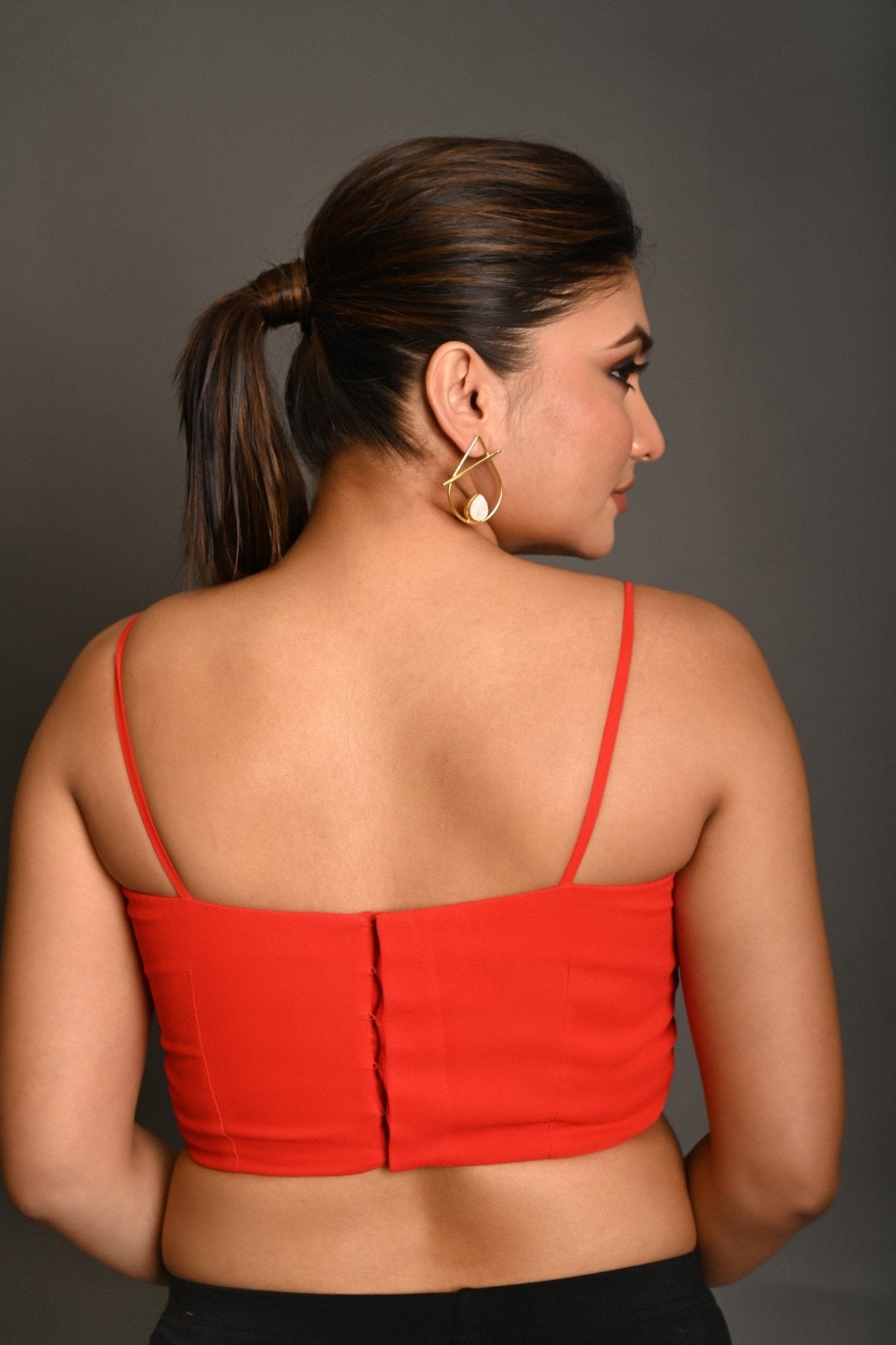 Bright Red Georgette Spaghetti Straps Blouse with Wide U - Neckline - Anvi Couture