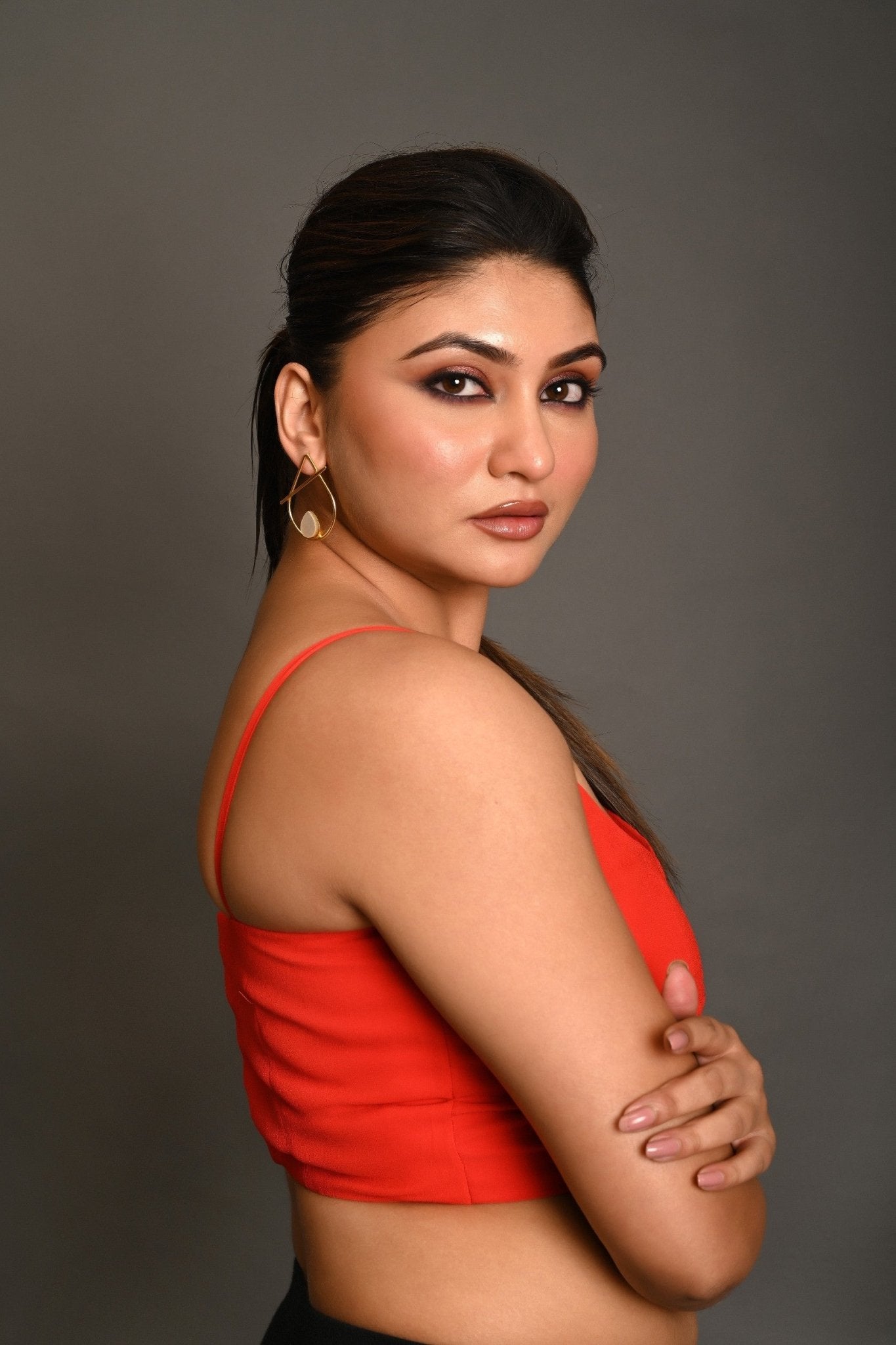 Bright Red Georgette Spaghetti Straps Blouse with Wide U - Neckline - Anvi Couture