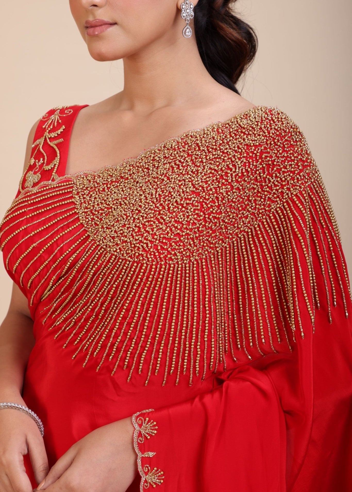 Red Designer Hand Embroidered Saree - Anvi Couture