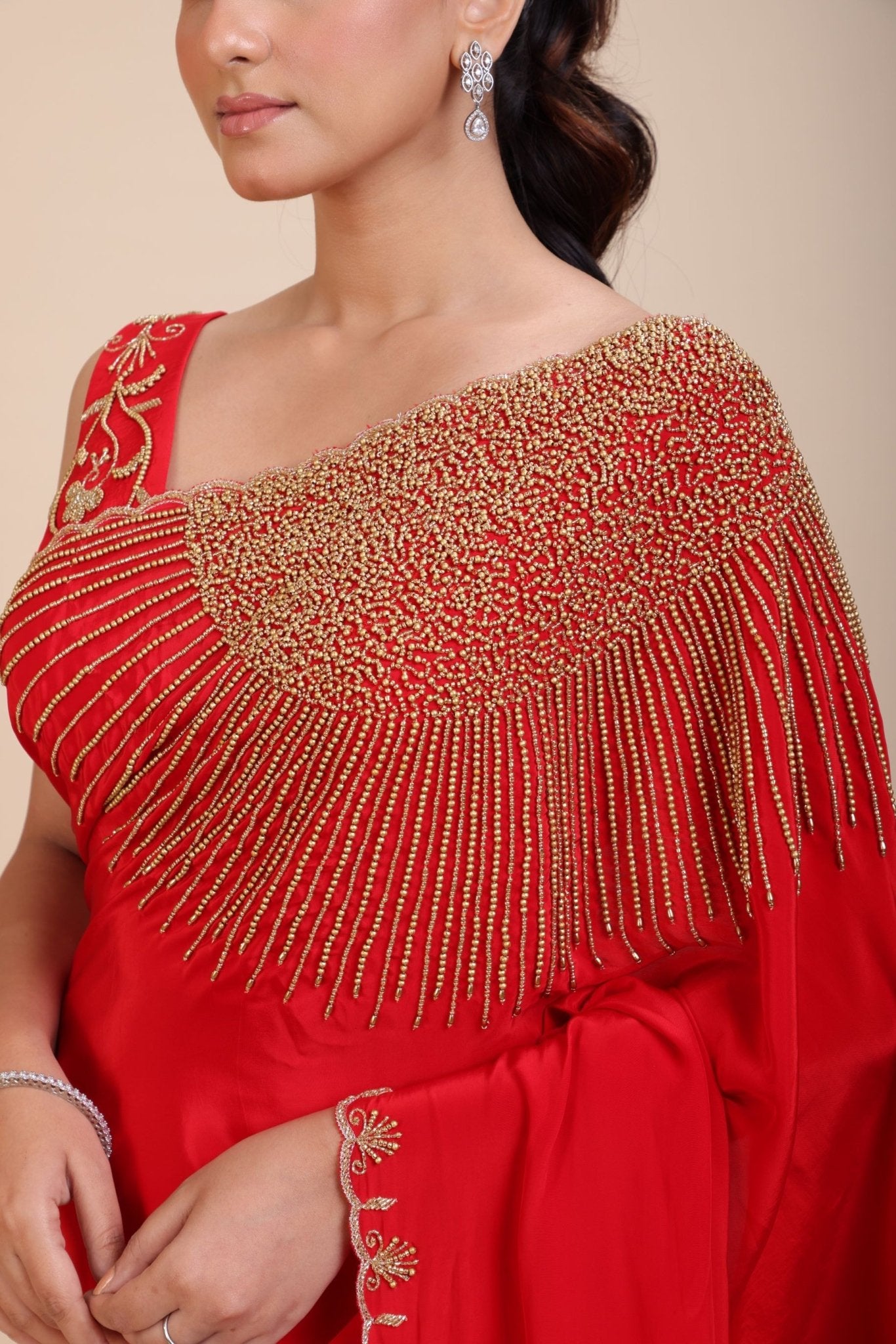 Red Designer Hand Embroidered Saree - Anvi Couture
