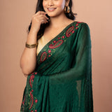 Green Chiffon Saree with Red Floral Embroidered Work - Anvi Couture
